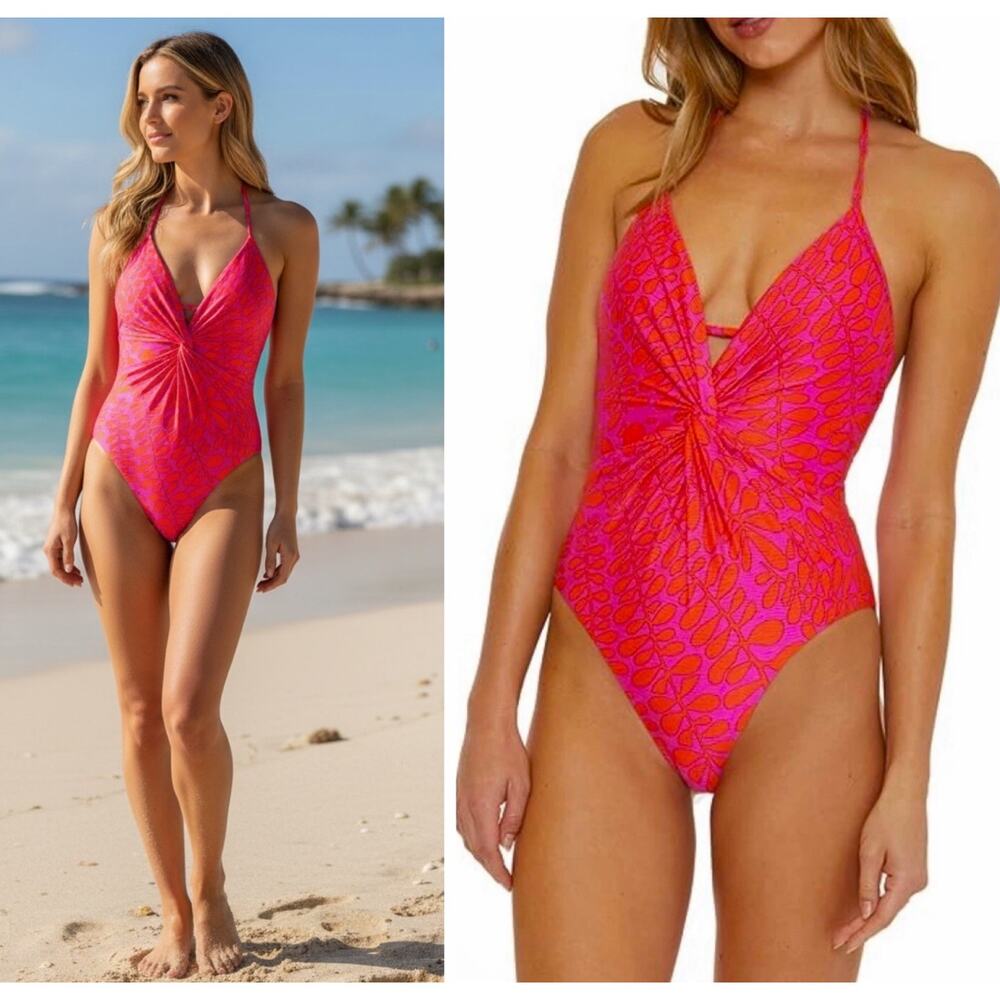 TRINA TURK Size 14 TRELLIS Plunge One Piece Swimsuit Pink Orange
